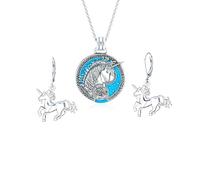 Unisex Pegasus Mythical Unicorn Large Celestial Blue Medallion Pendant Necklace & Lever-Back Dangle Earrings Jewelry Set For Women Men Teens Oxidized .925 Sterling Silver