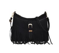 Unisex PU Shoulder Bag in Black with Gold-Tone Buckle and Fringed Base | Compact black bag with a long strap, central buckle detail and a row of fringe along the lower edge for a bold