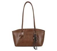 Unisex PU Shoulder Tote Bag in Black with Long Strap and Tassel Detail | Simple black tote shape with a long shoulder strap, softly structured body and dangling decorative tassel detail at the