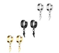 Unisex Punk Hip Hop Stainless Steel Black Tone Lock Leaf Thunder Lightning Bolt Dangle Huggie Hoop Earrings Gift for Women Men Boy Teens