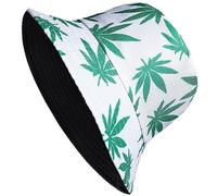Unisex Reversible Bucket Hat, Foldable Beach Hats For Men And Women, Summer Sunshade Printed Fisherman Hat, 100% Cotton Ladies Hats One Size Sun Hat 58-59cm (White Weed Print)