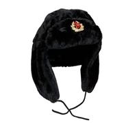 Unisex Russian Style Winter Trapper Hat with Soviet Badge, Faux Fur Ushanka, Warm Winter Cap with Ear Flaps Comfortable (UK One Size Fit, Black)
