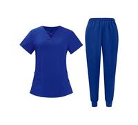 Unisex Scrub Set with Pockets Durable Stretch Cross V-Neck Scrub Tops and Pants Breathable Short Sleeve Medical Work Clothing Healthcare Performance Nurses Uniform Workwear(Royal Blue, L)