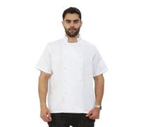 Unisex Short Sleeve Chef Jacket - Classic Double Breasted Cooking Tunic with High Collar & Pocket | Lightweight Kitchen Workwear Top (White, M)