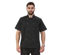 Unisex Short Sleeve Chef Jacket - Classic Double Breasted Cooking Tunic with High Collar & Pocket | Lightweight Kitchen Workwear Top (Black, S)