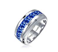 Unisex Simulated Blue Sapphire Channel Set Cubic Zirconia AAA CZ Brilliant Princess Cut Wedding Band For Men Women .925 Sterling Silver 9MM Band Ring Custom Engraved