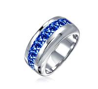 Unisex Simulated Blue Sapphire Channel Set Cubic Zirconia AAA CZ Brilliant Princess Cut Wedding Band For Men Women .925 Sterling Silver 9MM Band Ring