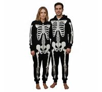 Unisex Skeleton Onesie for Adults - Scary Bone Print Long Sleeve Zipper Jumpsuit with Hood Cosplay, Ideal for Halloween, Fancy Dress Theme Party Black