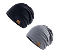 Unisex Skull Caps, Knit Cuffed Hat Stretchy Soft Beanie Winter Thermal Fleece Running Hat 2 Pcs Cotton Beanie Cap Headwear Elastic Cycling Helmet Liner for Men Women Running Cycling Sport Black Grey