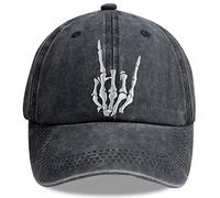 Unisex Skull Skeleton Hand Hat, Embroidered Halloween Bones Finger Adjustable Washed Cotton Denim Baseball Cap, Skeleton Embroidered Black, One Size