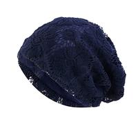 Unisex Slouchy Lace Beanie Solid Color Head Scarves Head Wrap Chemo Cap for Hair Loss Hollow Breathable Lightweight Navy One Size