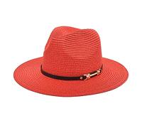 Unisex Solid Sun Straw Beach Hat Fedora Hats Elegant 1920s Vintage Bowler Hats Round Wide Brim Hats with Belt Buckle Decor Novel Panama Hat Jazz Hat Designer Breathable Floppy Red One Size