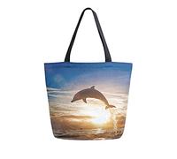 Unisex Sunset Sea Animal Dolphin Reusable Foldable Casual Stylish Grocery Shopping Shoulder Bags Tote Bag For Beach Travel Work School