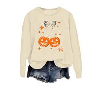 Unisex Sweatshirt with Glitter Pumpkins - Casual Halloween Jumper | Long Sleeve Shirt with Bows and Stars, Style_g01 Beige, XXL