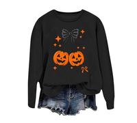Unisex Sweatshirt with Glitter Pumpkins - Casual Halloween Jumper | Long Sleeve Shirt with Bows and Stars, Style_g02 Black, L