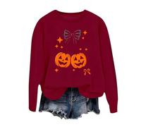 Unisex Sweatshirt with Glitter Pumpkins - Casual Halloween Jumper | Long Sleeve Shirt with Bows and Stars, Style_g10 Red, XL