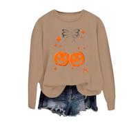 Unisex Sweatshirt with Glitter Pumpkins - Casual Halloween Jumper | Long Sleeve Shirt with Bows and Stars, style_g08 khaki, XXL