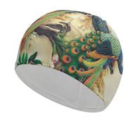 Unisex Swim Cap for Long Hair Non Slip Elastic Swimming Hat Soft Comfortable Swimming Cap Breathable Pool Hat Oriental Peacock on Flower Tree Swim Hats Flexible Bathing Caps