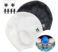 Unisex Swim Caps Ear Protection,2Pack Silicone Swimming Caps for Short/Long Hair with Ear Plugs&Nose Clip,Waterproof Flexible Swimming Hat for Women Men Adults Kids,Easy to Put On and Off,Black+White