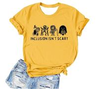 Unisex T-Shirt 'Inclusion Isn't Scary' - Statement Shirt for Inclusion and Diversity | Top with Halloween Monsters for Teachers and Educators, style_t05 yellow, L