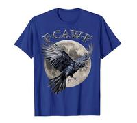 Unisex T-Shirt with Flying Raven Before Full Moon Gothic Shirt with 'F-CAW-F' Saying Mystical Bird Motif for Nature and Metal Fans, style_s02 blue, S
