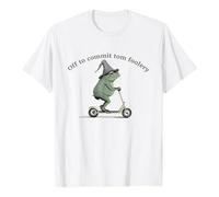 Unisex T-Shirt with Frog on Scooter 'Off to Commit Tomfoolery' - Funny Graphic Shirt in Vintage Style | Whimsical Top for Fans of Mischief, Style_b03 White, XL