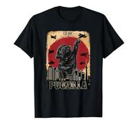 Unisex T-Shirt with Pugzilla Motif in Japanese Style - Funny Pug and Monster Parody Shirt | Retro Film Poster Design for Dog Lovers, style_d01 black, S