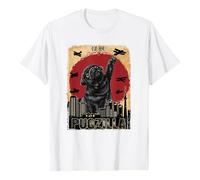 Unisex T-Shirt with Pugzilla Motif in Japanese Style - Funny Pug and Monster Parody Shirt | Retro Film Poster Design for Dog Lovers, Style_d05 White, S