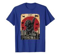 Unisex T-Shirt with Pugzilla Motif in Japanese Style - Funny Pug and Monster Parody Shirt | Retro Film Poster Design for Dog Lovers, style_d02 blue, XXL