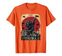 Unisex T-Shirt with Pugzilla Motif in Japanese Style - Funny Pug and Monster Parody Shirt | Retro Film Poster Design for Dog Lovers, style_d04 orange, XXL