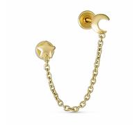 Unisex Tiny Simple Genuine Yellow Gold Double Piercing Chain Celestial Crescent Moon & Star 1pc Stud Two Hole Earring Ear Lobe Cartilage For Women Teen