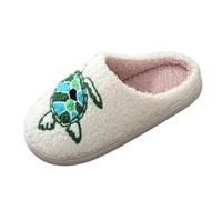 Unisex Turtle Embroidered Slippers Fluffy Warm Winter House Shoes | Turtle embroidery adds playful character, while the fluffy warm finish suits winter bedrooms, home lounging and indoor wear.