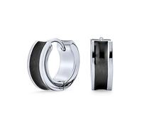 Unisex Two Tone Striped Black Enamel Concave Huggie Small Hoop Earrings For Men Or Women Silver Tone Stainless Steel .50 Diameter