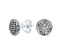 Unisex Viking Medallion Woven Celtic Knot Round Circle Disc Stud Earrings For Women Oxidized .925 Sterling Silver