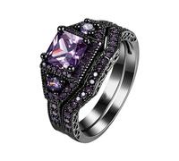 Unisex Wedding Ring 2PC Square Black Purple Cubic Zirconia Bridal Rhinestone Engagement Black Ring Full Diamond Zirconia Solitaire Ring 5 12 Little Girl Jewelry Rings (Black, 6)
