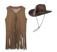 Unisex Western Cowboy Hat and Waistcoat Set Fancy Dress Cowgirl Costume Outfit Tassel Vest Hippie Clothes Fringe Sleeveless Jackets Wide Brim Faux Leather Cowboy Hat Cosplay Accessories for Women Men