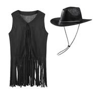 Unisex Western Cowboy Hat and Waistcoat Set Fancy Dress Cowgirl Costume Outfit Tassel Vest Hippie Clothes Fringe Sleeveless Jackets Wide Brim Faux Leather Cowboy Hat Cosplay Accessories for Women Men