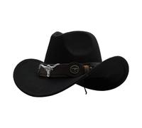 Unisex Western Cowboy Hat Classic Retro Style Soft Felt Wide Brim with Bull Head Metal Concho Decorative Leather Band Sun Protection Outdoor Hats for Men and Women