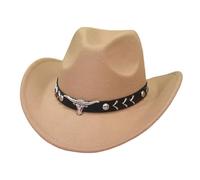 Unisex Western Style Cowboy Hat with Bull Head Decoration - Felt Hat with Decorated Hat Band for Men and Women | Classic Texas Hat for Party and Festival
