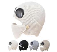 Unisex Winter Ski Beanie Hat with Goggles and Detachable Mask, 3-in-1 Unisex Knitted Goggles Beanie, Ski Mask with Goggles (Beige)