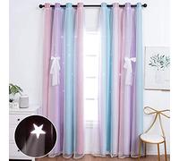 UNISTAR 2 Panels Star Blackout Curtains for Kids Girls Bedroom Aesthetic Living Room Colorful Double Layer Cut Out Stripe Pink and Purple Rainbow Window Home Decoration Curtain W42 x L63 Inches