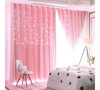 UNISTAR 2 Panels Stars Blackout and Sheer Curtains for Bedroom Girls Kids Baby Room, Double Layer Star Cut Out Living Room Window Curtain, W42 x L63 Inch Length, Pink