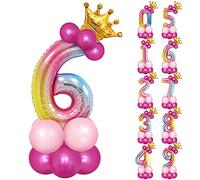Unisun 32 inch Number Foil Balloons Set, Rainbow Gradient Helium Number 6 Balloon Tower with Crown and 18Pcs Latex Balloons for Princess Prince Birthday Party Anniversary Decorations