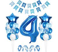 Unisun 4th Baby Boy Birthday Decorations - White and Blue Balloon Set With 40 Inch Number 4, Happy Birthday Banners, Star Foil Balloons for 4 Year Old Party