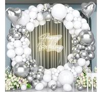 Unisun Silver White Balloons Arch Kit, 147 Pcs White Metallic Silver Balloon Garland with 18 Inch Silver Heart Foil Balloons for Wedding Birthday Party Decoration Anniversary Engagement Baby Shower