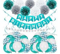 Unisun Teal Blue Birthday Decorations, Teal Blue Party Balloon with Happy Birthday Banner Confetti Balloons Paper Pom Poms Star Garland for Women Girls 1st 2nd 13th 18th 21 30th 40th Baby Shower