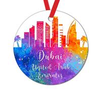 United Arab Emirates Dubai Skyline in Watercolor Christmas Ornament United Arab Emirates Dubai Skyline Christmas Ceramic Ornament Colorful Cityscape Skyline Christmas Hanging Ornament