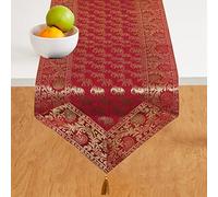 United Craft Art Silk Dining Table Runner, Indian Handmade Banarasi Silk Table Clothes Matte , Animal Print Silk Table Cloth,Elephant Style Silk Table Runner, 14x80 Inch (Red)