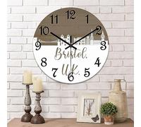 United Kingdom Bristol Cityscape Wall Clocks Bristol City Skyline Round Clock 15 Inch, Silent Non-Ticking Clock, Battery Operated Accurate Wood Wall Clock Decorations for Farmhouse Home Office