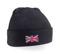 United Kingdom Flag Beanie Hat | British Union Jack Embroidered Winter Cap for Adults | Unisex Thermal Knit Hat Black